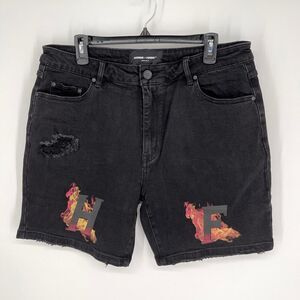 Homme + Femme NEW Distressed Flames Logo Jean Shorts Mens Sz 36 Black Stretch